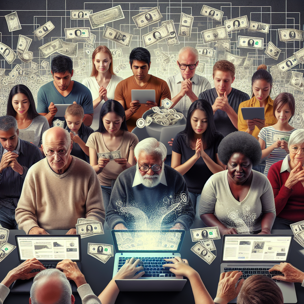 A diverse group of people contributing funds online to support a startup business, symbolizing community-driven crowdfunding.