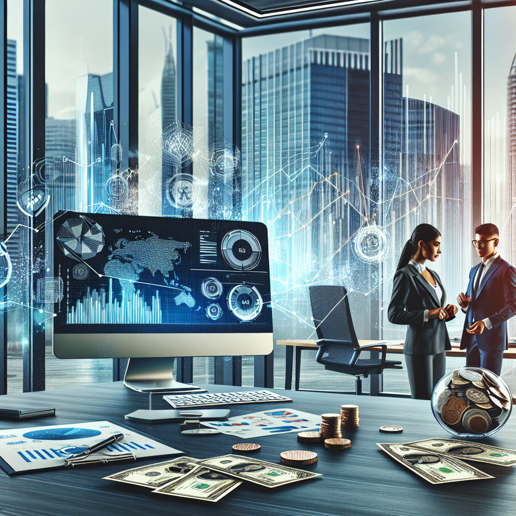 A modern business office with financial charts and graphs, banknotes, and a computer, representing business loans and financial growth.