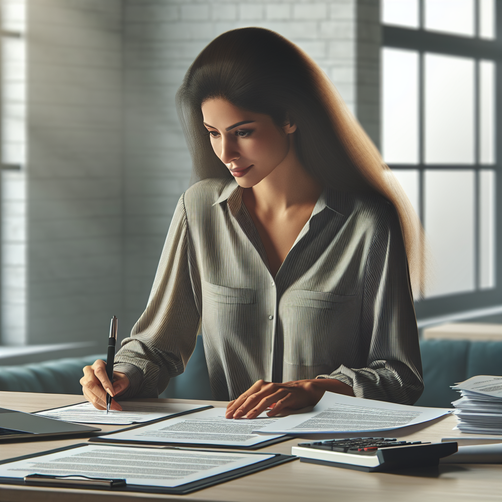 Fotorealistisk bilde av en entreprenør som gjennomgår regnskapsdokumenter ved et skrivebord med laptop, kontrakter og en sjekkliste, moderne kontormiljø, naturlig lys