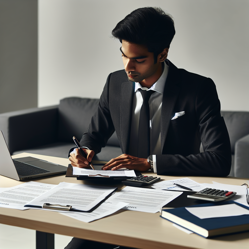 Forretningsperson ved moderne skrivebord som fyller ut lånedokumenter, laptop, kalkulator og papirer, profesjonell stil, nøytral bakgrunn