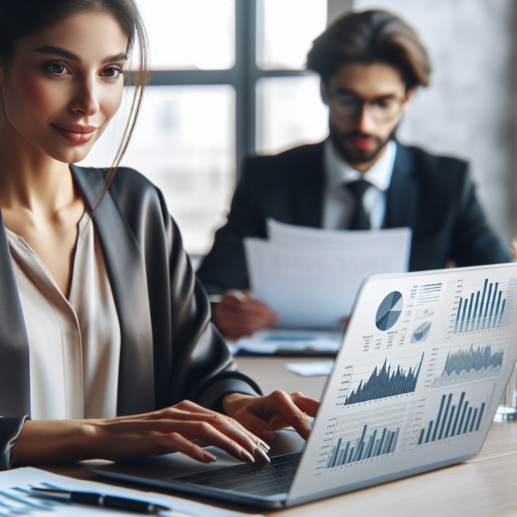 Profesjonelt nærbilde av en økonomiansvarlig ved en laptop, med grafer og likviditetsbudsjett på skjermen, moderne kontor, nøytrale farger