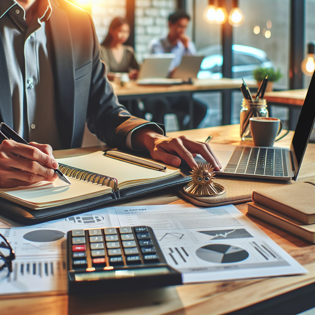 Gründer ved skrivebord med forretningsplan, kalkulator og laptop, moderne kontor, varmt lys, profesjonell og tillitsvekkende komposisjon