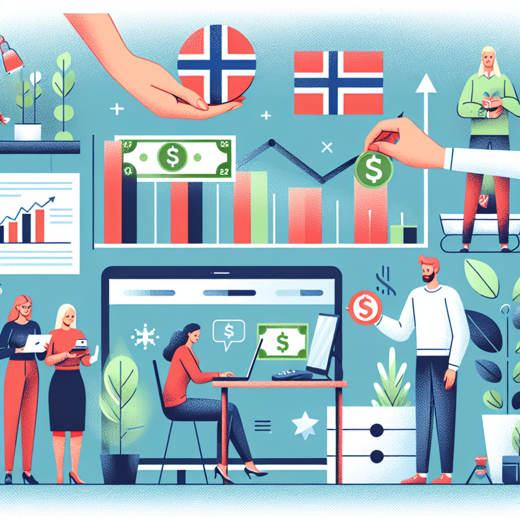 Profesjonell illustrasjon av en norsk småbedrift som mottar støtte via crowdfunding: folk, digitale betalinger, grafer som viser vekst, moderne og tillitsvekkende stil