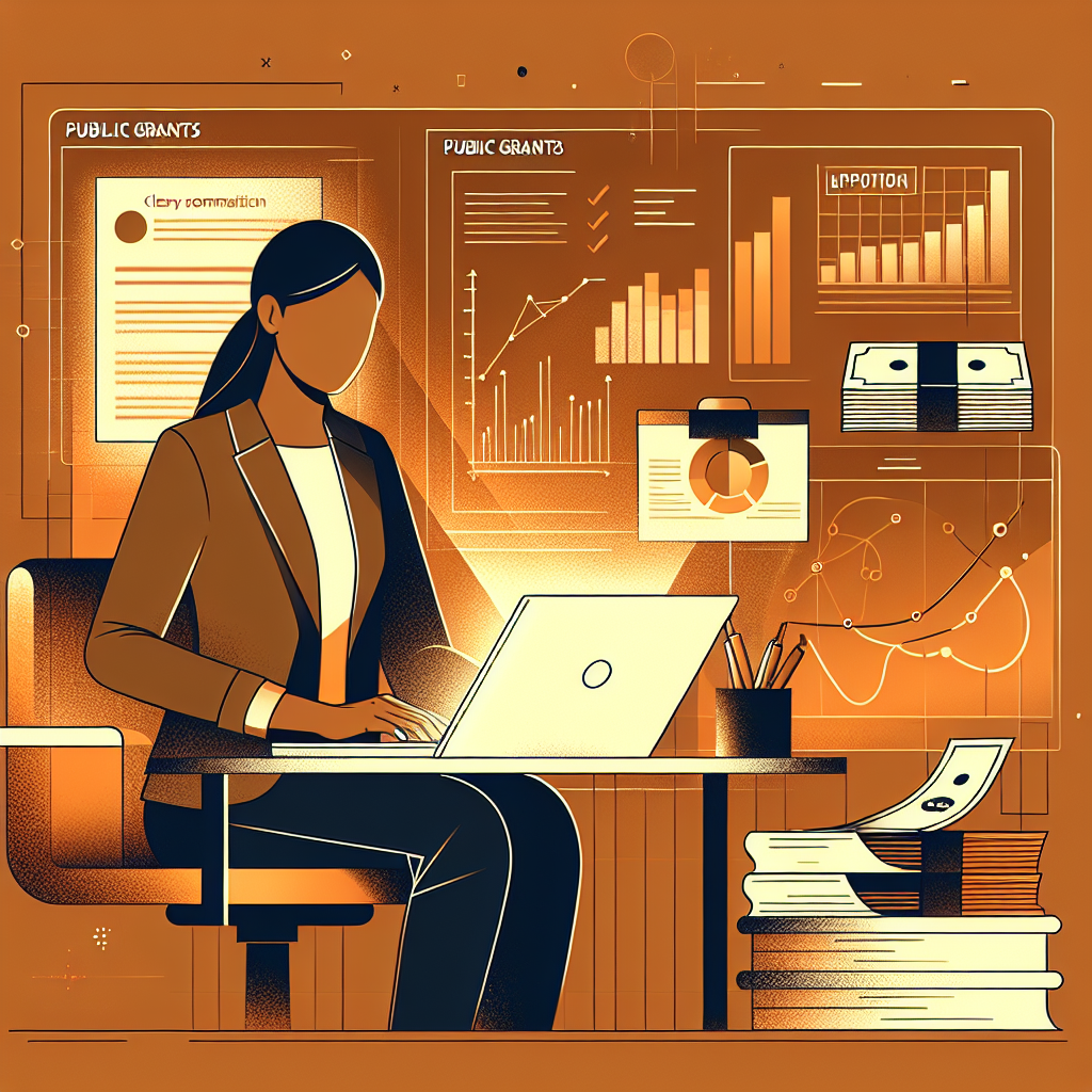 Moderne illustrasjon av en bedriftsleder som søker offentlige tilskudd: laptop, dokumenter, grafikker og pengebunker, klar og profesjonell stil, varme farger