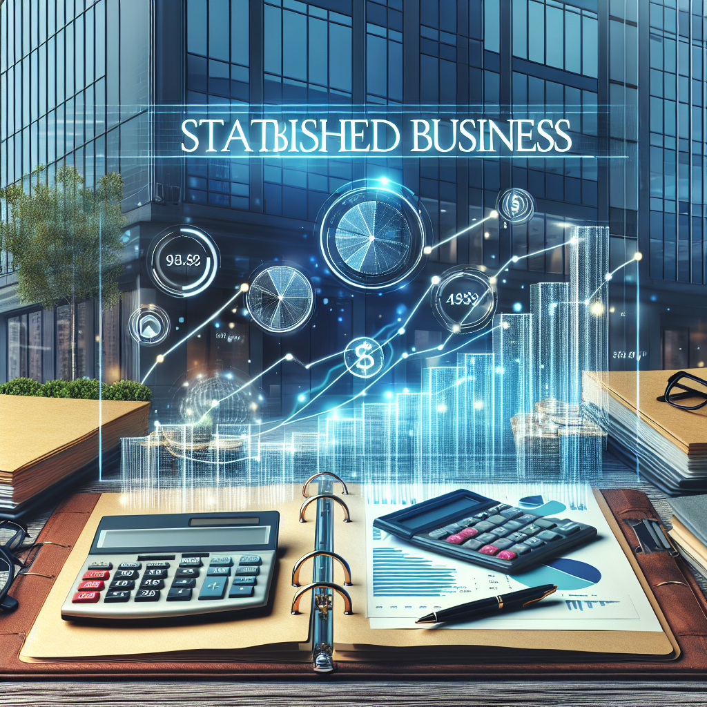 Etablert bedrift foran kontorbygg med dokumenter, kalkulator og vekstkurve på skjerm, moderne og profesjonell stil